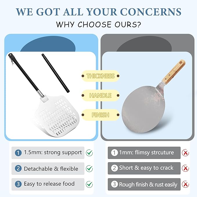 Aluminum Pizza Peel Spatula Set, HaSteeL 12 Inch Pizza Paddle Shovel, 14 Inch Metal Pizza Cutter Rocker, Pizza Oven Accessories Tools for Cooking Baking Turning Cutting, Detachable Handle, Perforated