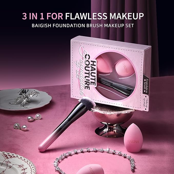 Makeup Brush Set, Flat Top Kabuki Brush Premium Foundation Brush for Liquid, Cream, and Powder with 2 Makeup Sponge for Foundation, Powder, Blush, and Concealer-BrightBean Baby