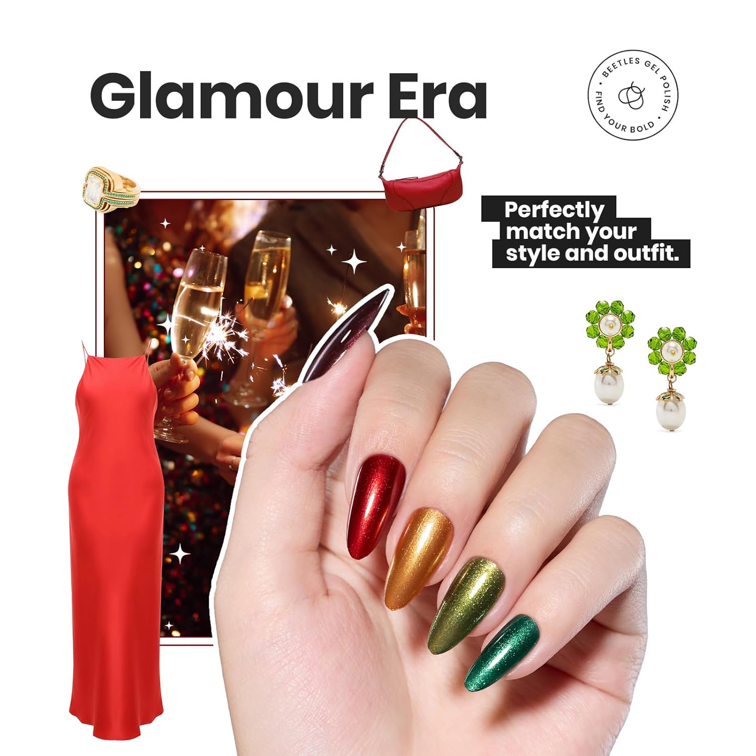 Beetles Fall Nail Polish Set - Glamour Era 6 Colors Quick Dry Glitter Burgundy Red Gold Green Yellow High-Gloss Long-Lasting Nail Polish for DIY At-Home Manicure Gift for Women-BrightBean Baby