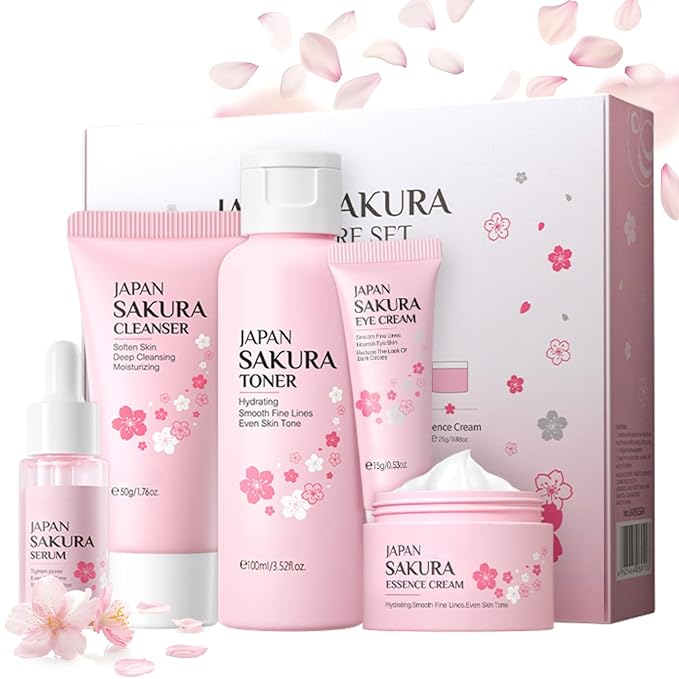 Sakura Skin Care Set, Women Gift Sets, Skin Care Kit with Cleanser, Toner, Serum, Eye Cream, Face Cream, Skin Care Routine Kit for Women, Even Skin Tone, Tighten & Firm Skin-BrightBean Baby