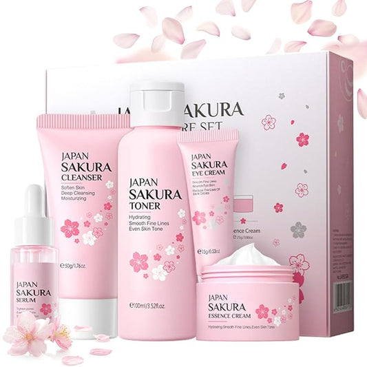 Sakura Skin Care Set, Women Gift Sets, Skin Care Kit with Cleanser, Toner, Serum, Eye Cream, Face Cream, Skin Care Routine Kit for Women, Even Skin Tone, Tighten & Firm Skin-BrightBean Baby