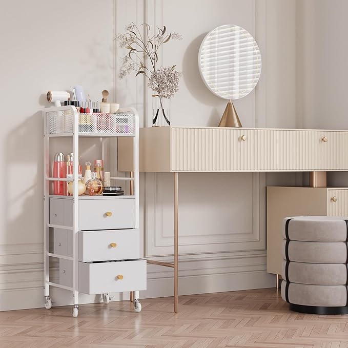 HapiRm Rolling Makeup Cart Organizer - Floor Skincare Make Up Storage with 3 Drawers, Vanity Organizer Cosmetic Display Cases Holder for Skin Care Perfume Nail Polish Brush Hair Tool, White-BrightBean Baby