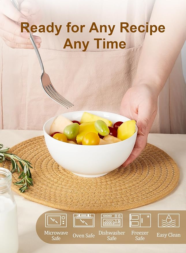 Yedio 22 oz White Porcelain Bowls Set of 4 – Cereal, Soup, Rice, Oatmeal & Salad Bowls – Microwave & Dishwasher Safe, Stackable for Kitchen Use