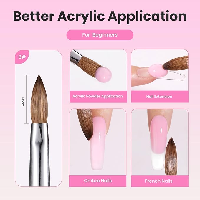 Beetles Acrylic Nail Brush Kolinsky Hair Bristles Round Shaped Metal Handle Nail Art Brushes for Acrylic Powder Manicure Extension DIY at Home Manicure Tool - Size 8-BrightBean Baby