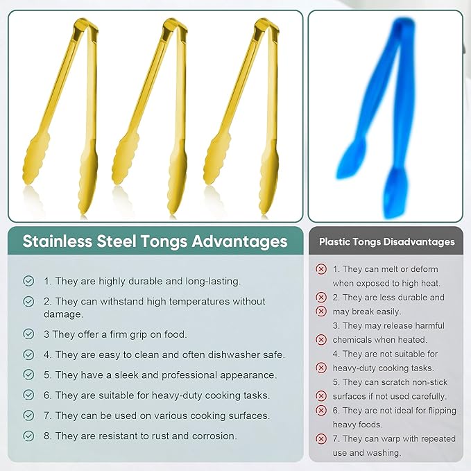 Gold Buffet Tongs 9'' Inches Serving Tongs Heavy Duty Stainless steel Kitchen and BBQ Utility Tong Pack of 12 (Gold, 9inch)