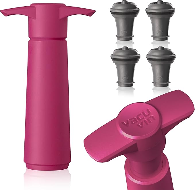 Vacu Vin Wine Saver Pump Pink with Vacuum Wine Stopper - Keep Your Wine Fresh for up to 10 Days - 1 Pump 4 Stoppers - Reusable - Made in the Netherlands