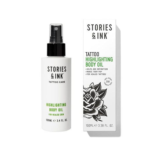 Stories & Ink Tattoo Care | HIGHLIGHTING BODY OIL for healed skin - Refreshes Faded Tattoos for Instant Tattoo Glow, 100 mL / 3.4 Fl Oz-BrightBean Baby