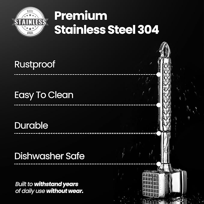 Stainless Steel Meat Tenderizer Tool, Premium Meat Mallet with Non-Slip Grip, Dual-sided Kitchen Mallet Ideal for Tenderizing Steak, Poultry & Chicken Cutlet, Dishwasher Safe with Lifetime Replacement