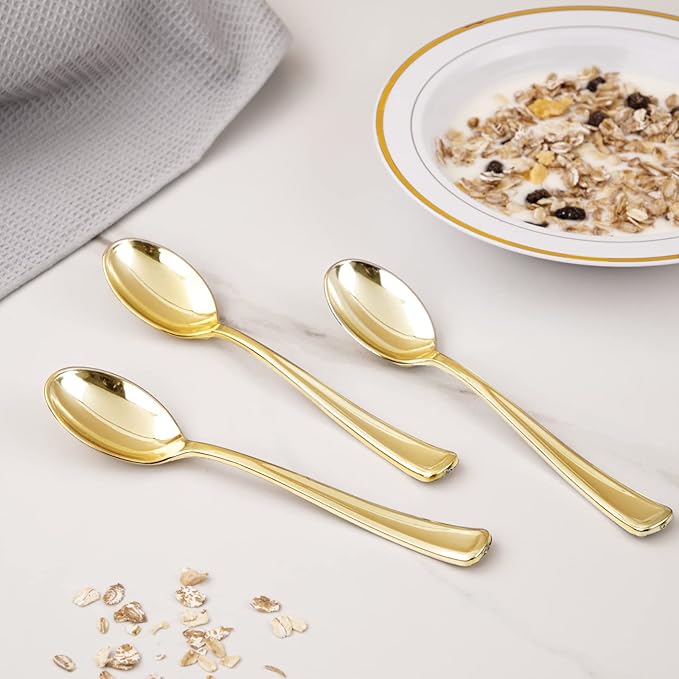 Liacere 200 Pack Gold Plastic Spoons - 6.7 inch Heavy Duty Plastic Spoons - Heavyweight Gold Disposable Spoons for Parties & Weddings & Restaurants & New Year & Fall Decor