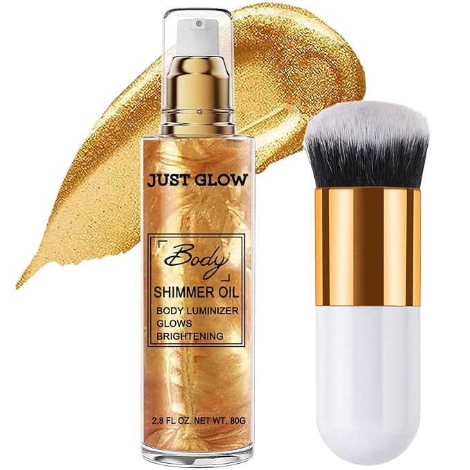 Shimmer Body Oil, Face and Body Liquid Luminizer Waterproof Moisturizing, Light Shimmer Glow Illuminator, Smooth Body Highlighter Makeup Liquid Body Shimmer (2# Gold)-BrightBean Baby