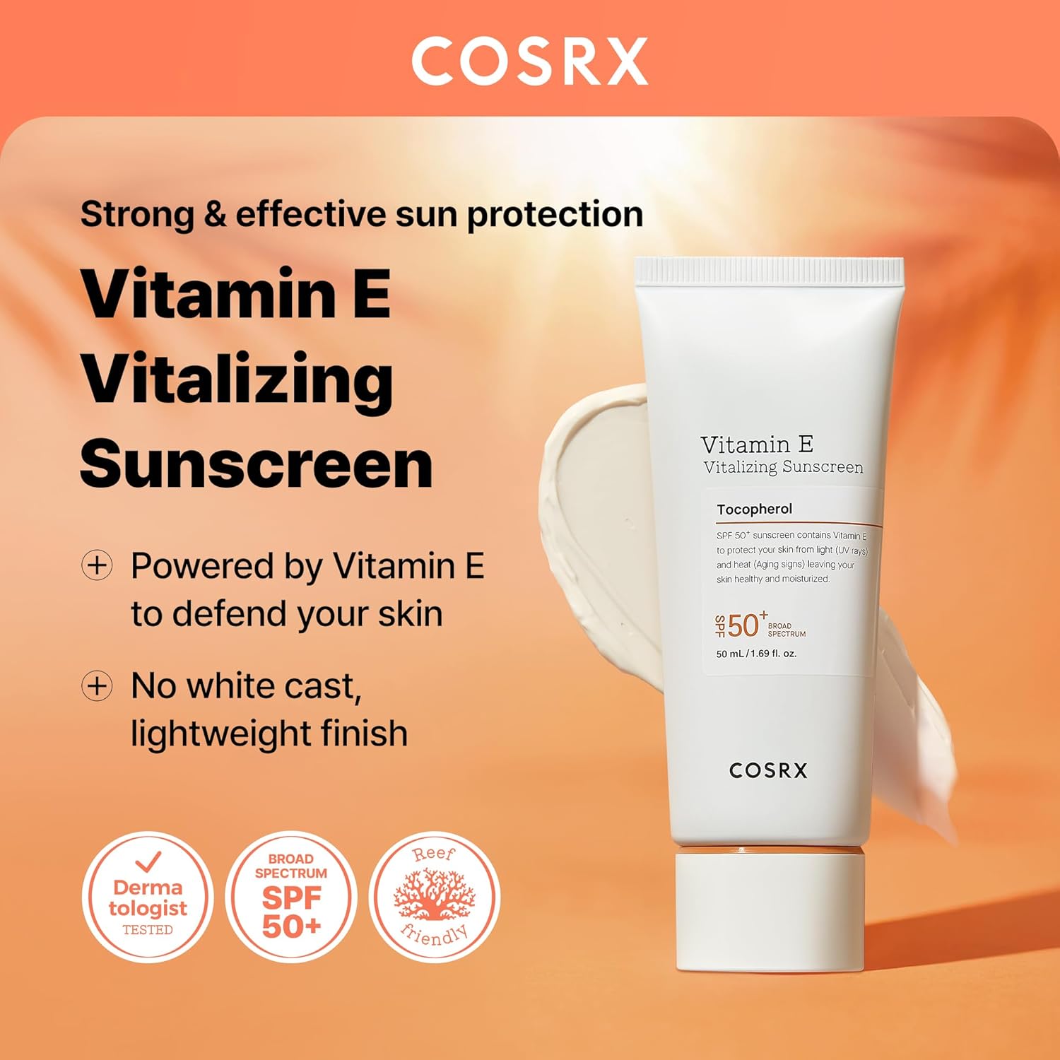 COSRX Vitamin E Vitalizing Face Sunscreen SPF 50, 1.69 fl oz, SPF Moisturizer, Lightweight under Makeup, Travel Essentials, Summer Essentials, Korean Skin Care, Korean Sunscreen for Face-BrightBean Baby