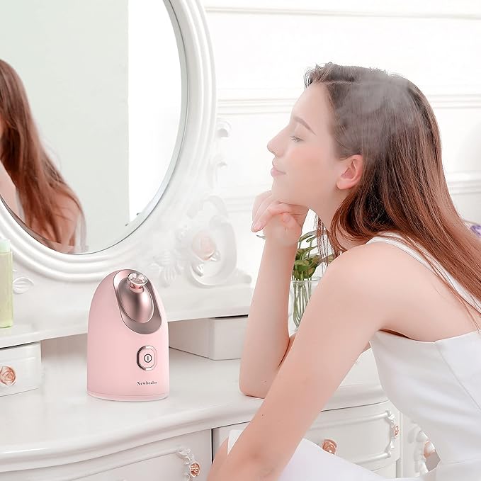 Newbealer Facial Steamer, Mini Aroma Face Steamer, Nano Ionic Hot Mist Facial Humidifier Atomizer, Home Sauna Spa Sprayer Moisturizing Cleansing Pores, 9 Pieces Acne Remover Kit (Pink-Gold, 160ml)-BrightBean Baby