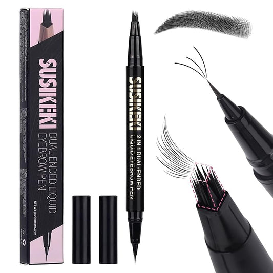 Dual Ended Microblading Eyebrow Pen - 2 in 1 Liquid Eyebrow Pencil with Brow-Fection Angled Brush & Precise Detail Brush-Tip, Shapes & Fills HairLike Looking Brows, Lasts All-Day, Soft Black-BrightBean Baby