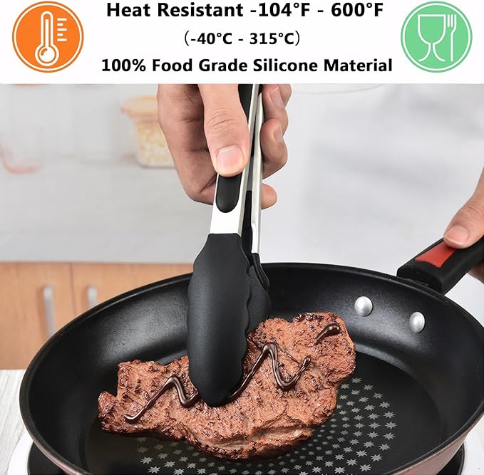Kitchen Tongs for Cooking with Non-Stick Silicone Tip 2 Pack (9" & 12"), Heat Resistant Food Tongs, Stainless Steel Locking Silicone Tongs for Baking Salad Grill BBQ, Serving Utensils