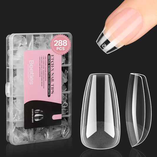 Beetles Gel Nail Tips Short Coffin Pre-Etched Nail Tips, 12 Sizes 288 Pcs Full Cover Soft Tips Half Matte False Nails Clear Acrylic Glue on Nails Extension DIY Manicure Gifts for Women-BrightBean Baby