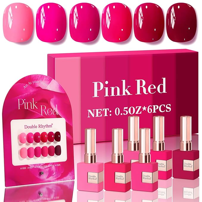 Double Rhythm 6 Pcs 15 ML Gel Polish Set Same Color Same Bottle Soak Off Gel Polish Kit Nail Art Manicure Salon DIY at Home for Women (Neon Light Pink Purple Burgundy Red-T6-8)-BrightBean Baby