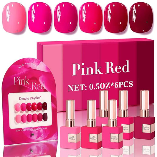 Double Rhythm 6 Pcs 15 ML Gel Polish Set Same Color Same Bottle Soak Off Gel Polish Kit Nail Art Manicure Salon DIY at Home for Women (Neon Light Pink Purple Burgundy Red-T6-8)-BrightBean Baby