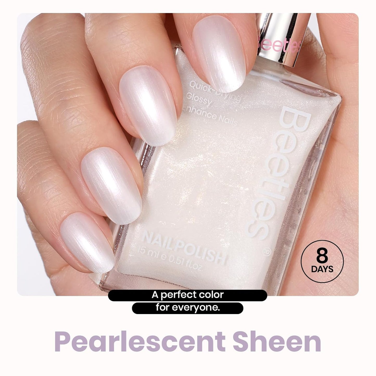 Beetles Pearl White Nail Polish and 2 in 1 Base & Top Coat Set, Fast Drying & Natural Nail Strengthen, Nail Lacquer Shimmer-Like Pearlescent Sheen, No UV Lamp Needed for DIY Nail Art Gifts for Women-BrightBean Baby
