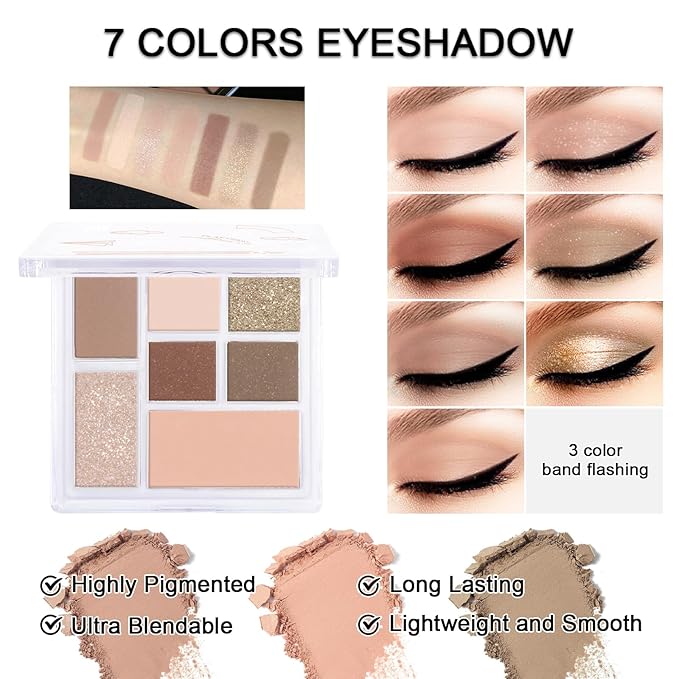 Makeup Kit for Teens Girls, Makeup Present Set for Women, Makeup Full Kit for Beginners, Mini Makeup Bundle Include 7 Nude colors Matte & Shimmer Pigmented Eyeshadow Palette, Eyebrow Powder-BrightBean Baby