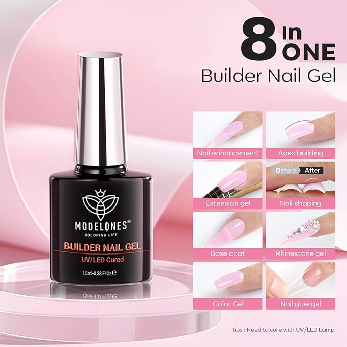 modelones Builder Nail Gel, 8-in-One Baby Pink Builder, Pastel Pink Rubber Base Gel Polish, LED Lamp Cured Color Base Hardener Apex Building Strengthener Extension for DIY Salon Girls Home-BrightBean Baby
