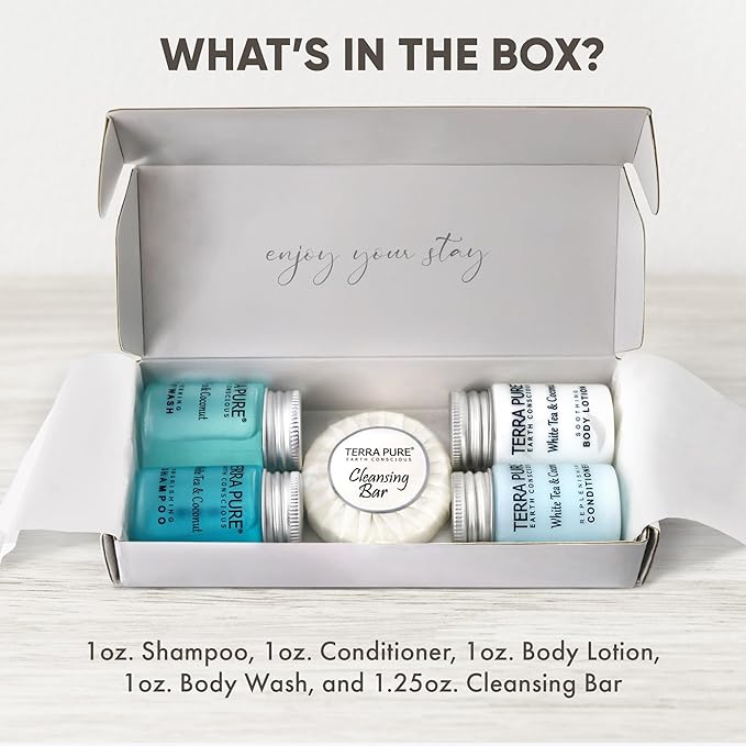 Terra Pure White Tea and Coconut Amenity Kit | Hotel Toiletries | 1oz Travel Size Shampoo, Conditioner, Lotion, Body Wash & Cleansing Bar for Guest Hospitality AirBnB/Vacation Rentals | 1 set/case-BrightBean Baby