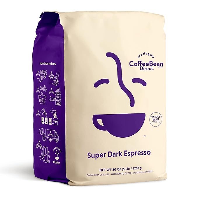 Coffee Bean Direct Super Dark Espresso, Whole Bean Coffee, Very Dark Roast, 5 Pound Bag (Pack of 1)