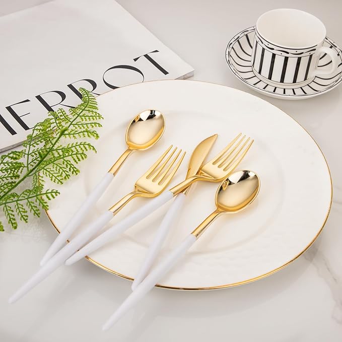 I00000 60 Pcs Gold Plastic Silverware - Heavy Duty Plastic Cutlery -Party Disposable Silverware Set，Disposable Cutlery Set Includes 20 Forks, 20 Knives, 20 Spoons Perfect for Wedding