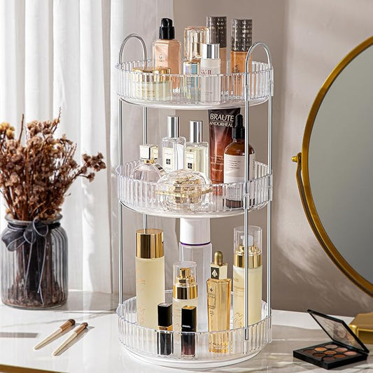 360° Rotating Makeup Organizer for Vanity, Spinning Cosmetics Organizer Holder Rack, Large Capacity Bathroom Organizer Countertop, Fits Perfume, SkinCare, Makeup Brushes 3 Tiers, Transparent-BrightBean Baby