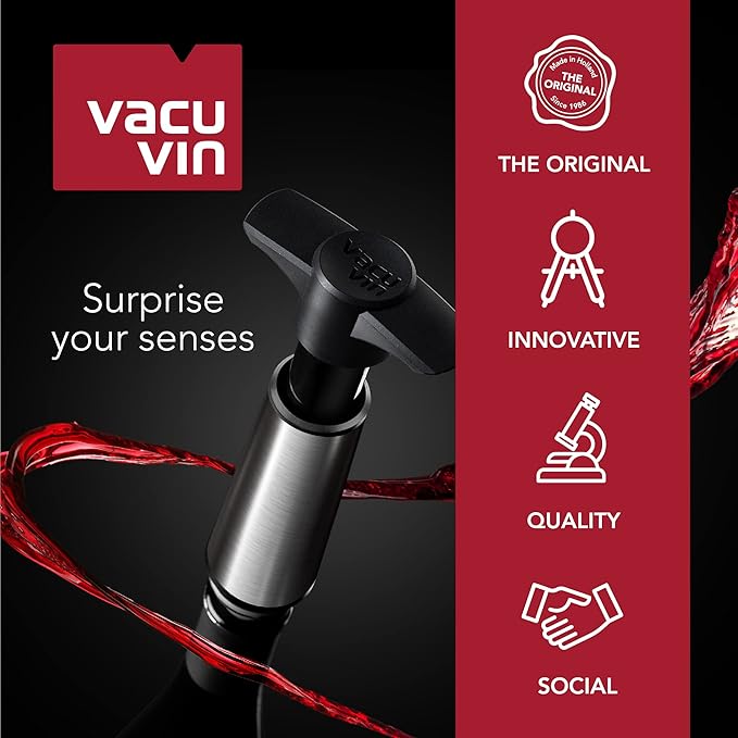Vacu Vin Wine Saver Pump Red with Vacuum Wine Stopper - Keep Your Wine Fresh for up to 10 Days - 1 Pump 8 Stoppers - Reusable - Made in the Netherlands