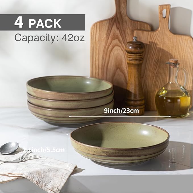HAPPY KIT 9'' Pasta Bowls, 42oz Pasta Bowls Set of 4, Large Salad Bowl, Ceramic Serving Bowls,Double Reactive Glaze, Ideal for Housewarming, Festivals, Microwave Safe (Moss Green)