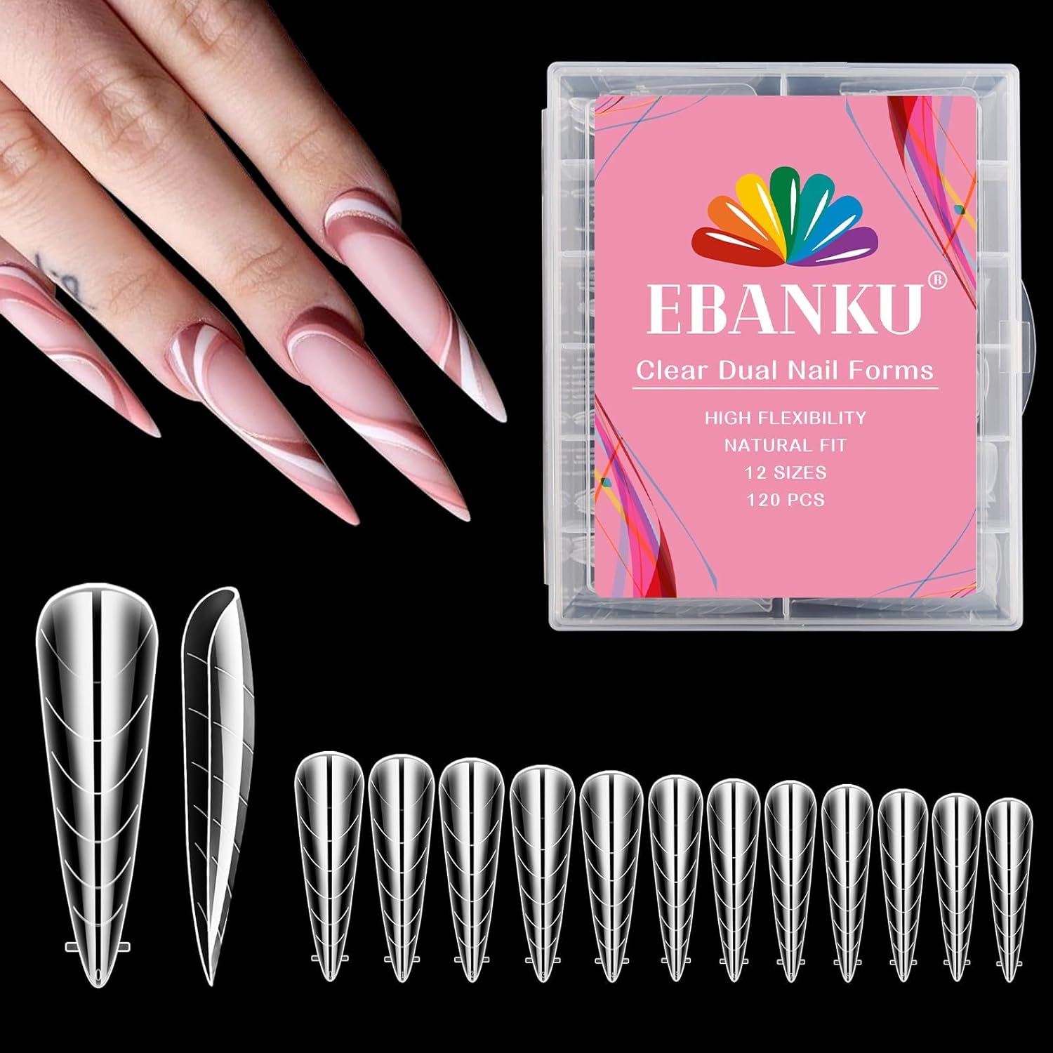 EBANKU 120Pcs Poly Gel Nail Forms, Long Stiletto Clear Dual Forms for Poly Extension Gel Structure Nail Tips Molds for Nail Art Design Salon&DIY-BrightBean Baby