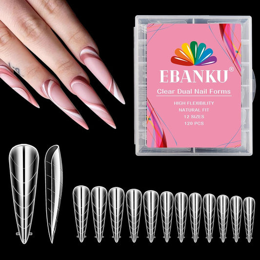 EBANKU 120Pcs Poly Gel Nail Forms, Long Stiletto Clear Dual Forms for Poly Extension Gel Structure Nail Tips Molds for Nail Art Design Salon&DIY-BrightBean Baby