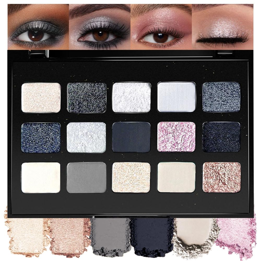 SUAKE 15 Colors Matte Shimmer Pearlescent Eyeshadow Palette for Eye Makeup,High Pigmented Smoky Dark Punk Metal Eye Shadow Primers Powder, Flashing sombras de ojos for Cosplay - Black Gold Blue Brown-BrightBean Baby