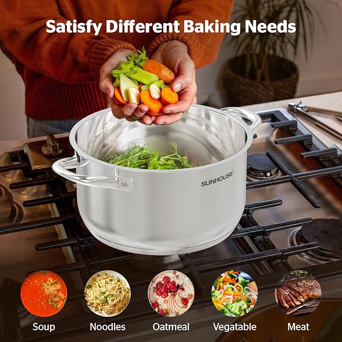 SUNHOUSE Stainless Steel Stock Pot 11 Quart with Lid - Premium Large Capacity Pot