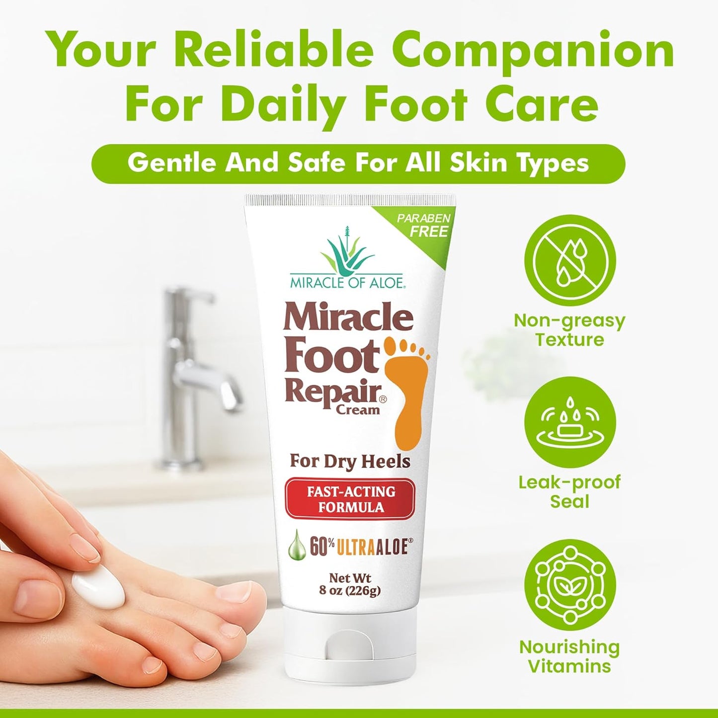 Miracle Foot Repair Cream (8 oz & 1 oz) Repairs Dry Cracked Heels and Feet, 60% Pure UltraAloe Moisturizes, Softens, and Repairs-BrightBean Baby