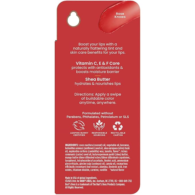 Burt’s Bees Back To School Dorm Essentials, Tinted Boosted Balm, Rose Knows, Hydrating Tinted Lip Balm with Vitamin C, E, and F Core, 24 Hour Lip Moisturizer, 100% Natural Origin, 1 Count, 0.16oz-BrightBean Baby