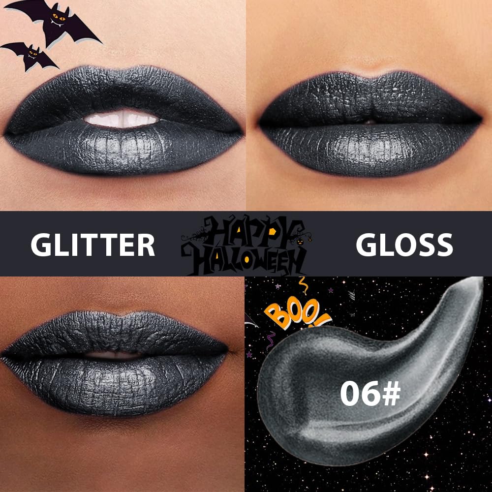 Gray Black Metallic Lipstick for Women,Glitter Sparkling Liquid Lipstick,Long Lasting Waterproof Lightweight Comfortable Non-Drying Bold Dark Lip Gloss for Gothic Stage Makeup,Vegan-BrightBean Baby
