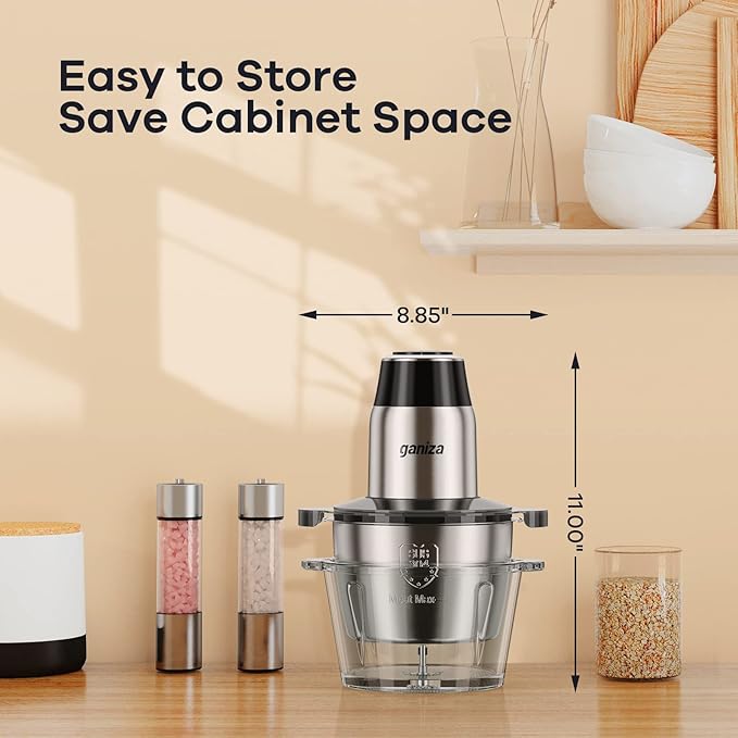 GANIZA Electric Food Processor with Meat Grinder & Vegetable Chopper - 450W Dual 8 Cup Bowls