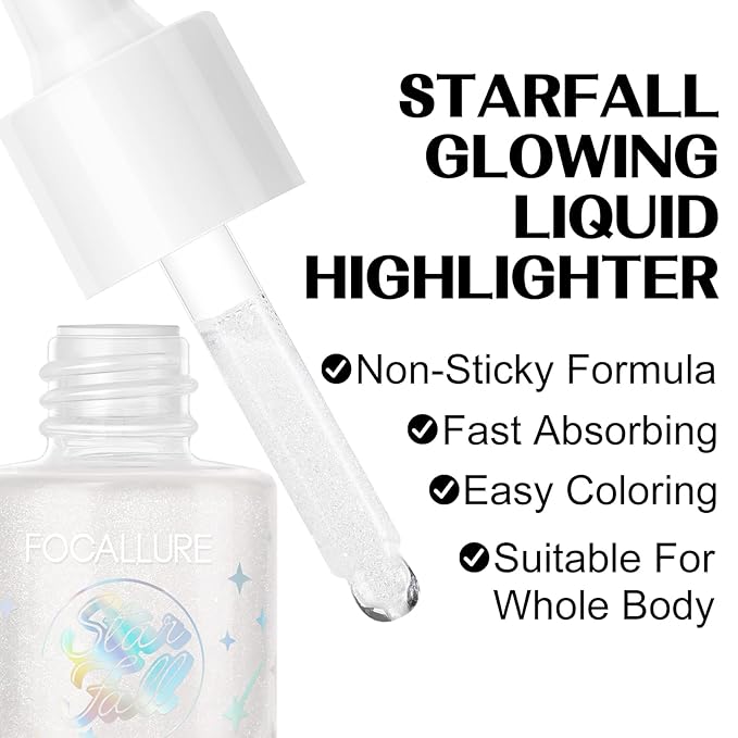 FOCALLURE Starfall Glowing Liquid Highlighter, Shimmering Body Oil, Non-Sticky Shimmer Liquid Luminizer, Non-Greasy, Face & Body Glitter Makeup for Costumes, Cosplay, Rave Festival, MOON CHILD-BrightBean Baby
