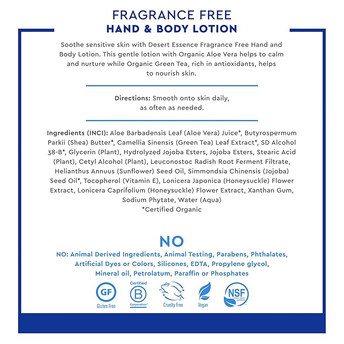 Desert Essence Fragrance Free Hand & Body Lotion - 8 Fl Ounce - Soothing - Aloe Vera - Shea Butter - Green Tea - Coconut Oil - Jojoba Oil-BrightBean Baby