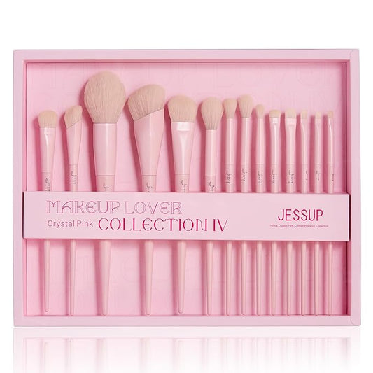 Jessup Pink Makeup Brushes Set 14Pcs Make up Brushes Premium Vegan Foundation Concealer Blush Eyeshadow Eyeliner Powder Highlighter Blending Face Brush Set with Gift Box, T495-G-BrightBean Baby