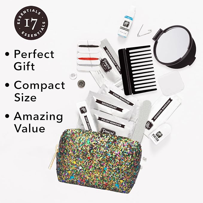 Pinch Provisions Olive Glitter Minimergency Kit, includes 17 Travel-Sized Cosmetic Essentials, Convenient for Purses, Emergency Beauty Accessories, Gifts for Holiday’s & Birthday’s-BrightBean Baby