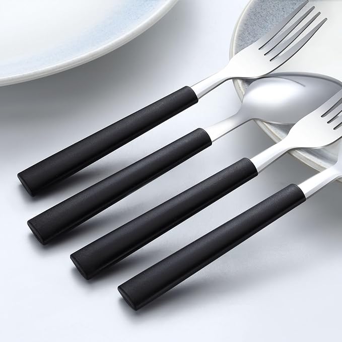 Pleafind 36Pcs Dessert Spoons Set (7.4 inches), Stainless Steel Mirror Polished Spoon with Black Frosted Handle, Spoons Silverware for Home, Kitchen, Restaurant, Dishwasher Safe