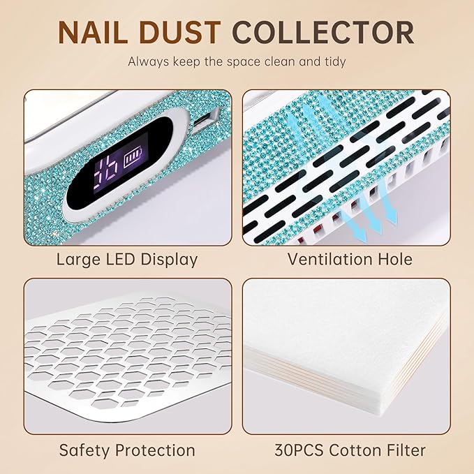 Nail Dust Collector, Rechargeable Dust Collector Nail Tech, Powerful Vacuum Fan Vent Dust Collector Extractor Dust Suction Machine for Acrylic Nails Polishing, Nail Salon&Home, Blue-BrightBean Baby