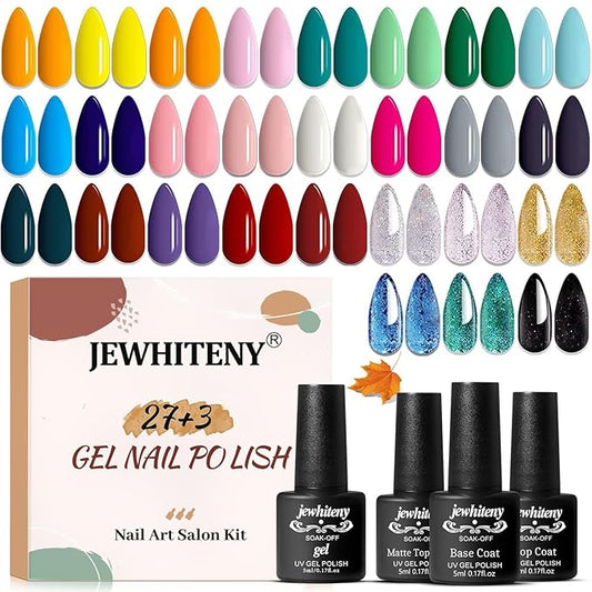 JEWHITENY 30PCS Nail Polish Kit 27 Colors Green Blue Pink Orange Gitter Sock Off Gel Polish with Matte& Glossy Top Base Coat for DIY Nail Art Manucure at Home Salon-BrightBean Baby