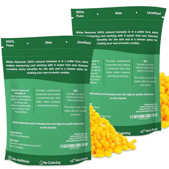 Yellow Beeswax Pellets 2lb (1lb in Each Bag), Pure, Natural, Cosmetic Grade, Organic, Bees Wax Pastilles, 3X Filtered, Great For Candle Making, Soaps, DIY Lip Balms, Lotions By White Naturals-BrightBean Baby