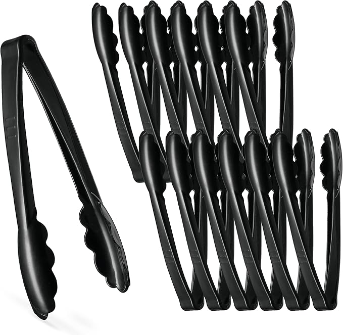 [Black Tongs 9'' Inches] Plasticpro 9'' Serving Tongs Heavy Duty Reusable Kitchen and BBQ Black Serving Tong for party's, Caterings, Events, Buffet, Weddings, And every Day use Pack of 12