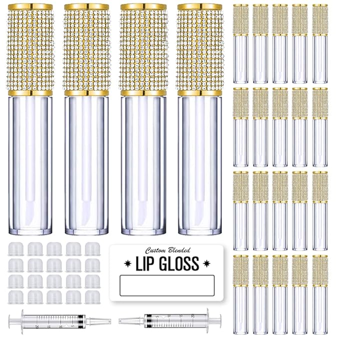 AMORIX 24 Pack Gold Crystal Lip Gloss Tubes with Wand 5ml Empty Lip Gloss Containers Lipgloss Bottles with Stoppers 2pcs Syringes + Labels for DIY Lip Gloss Balm-BrightBean Baby