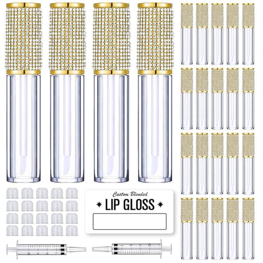 AMORIX 24 Pack Gold Crystal Lip Gloss Tubes with Wand 5ml Empty Lip Gloss Containers Lipgloss Bottles with Stoppers 2pcs Syringes + Labels for DIY Lip Gloss Balm-BrightBean Baby
