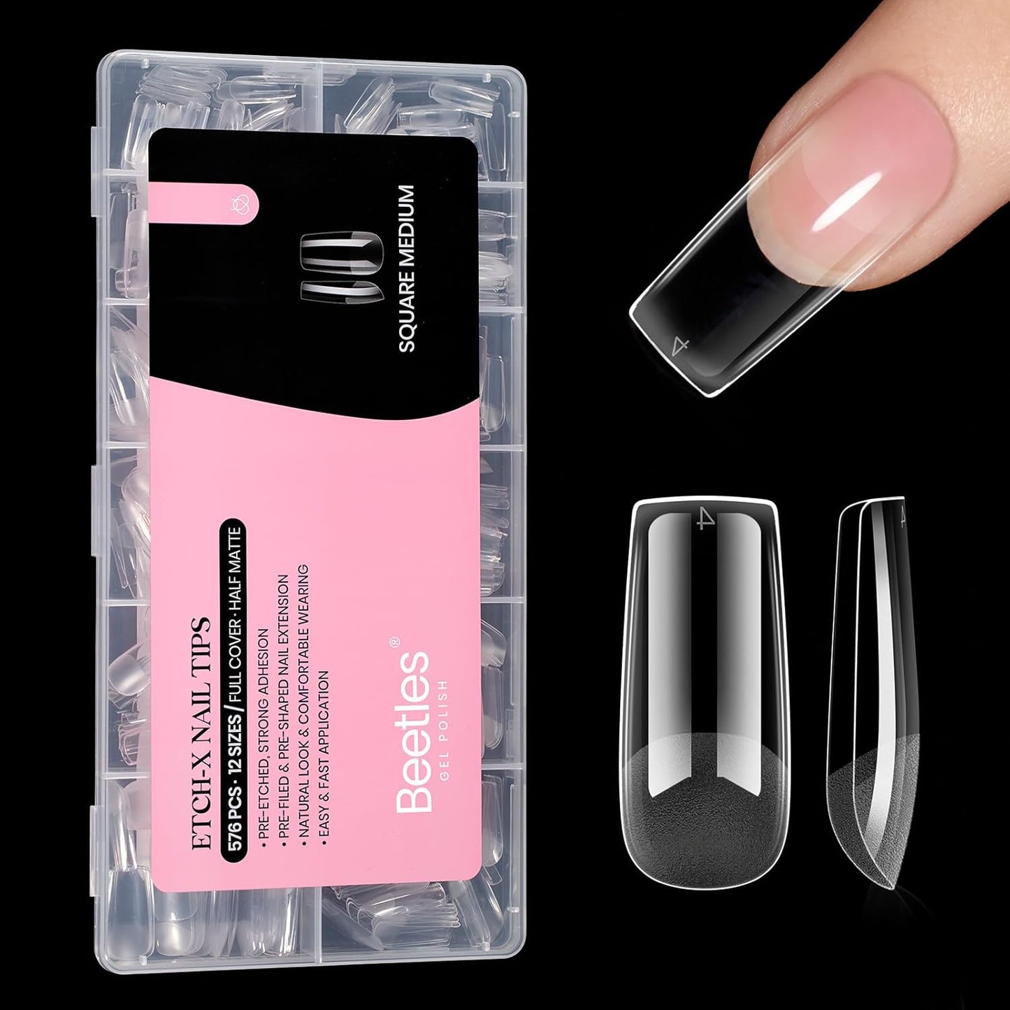 Beetles Nail Tips Medium Square 576Pcs 12 Sizes - Pre-Etched Soft Acrylic Nail Tips Half Matte False Nails Nail Art Full Cover Press Ons Nail Extensions Gift Set Home DIY Nail Salon-BrightBean Baby